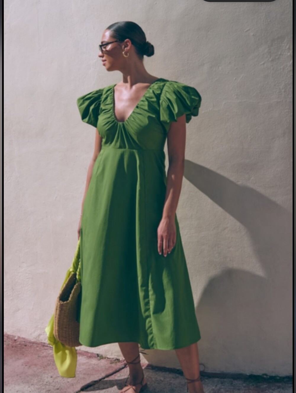 Abercrombie & Fitch Puff Sleeve Midi Dress in Green